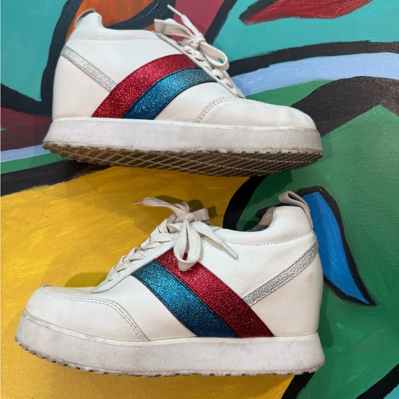 Very Volatile Shoes - Very Volatile Women’s Red White Blue Hidden Wedge Sneakers